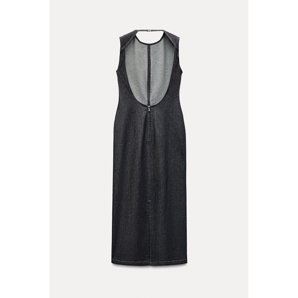 ZARA Sleeveless Backless Denim Midi Dress Dark Wash Back Zip‎ Slit Size Small - Picture 3 of 9